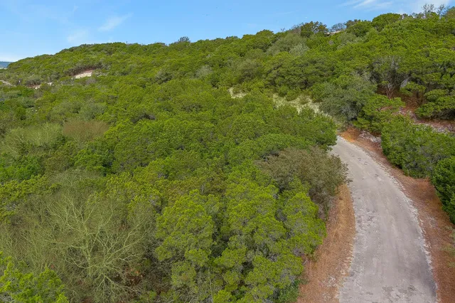 a view of a dirt road with trees in the background