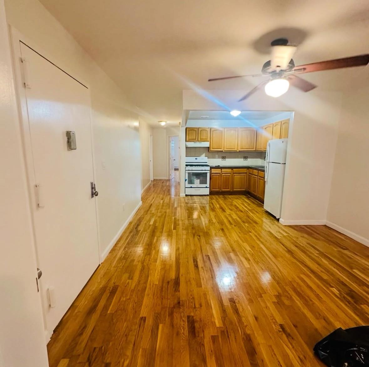 1079 Willoughby Avenue Brooklyn, NY 11221 - Photo 3 of 19 Kitchen with ceiling fan, light wood-type flooring, and white appliances