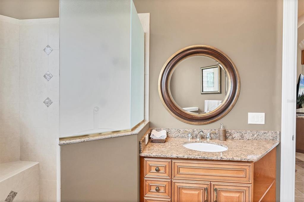 7007 Portmarnock Place Lakewood Ranch, FL 34202 - Photo 53 of 92 a bathroom with a granite countertop sink and a mirror