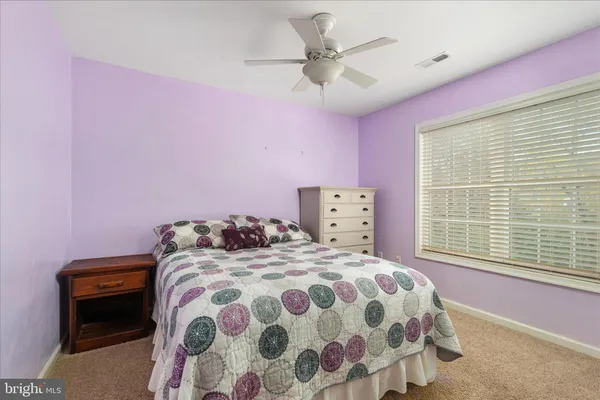 a view of a swimming pool with a bench and trees