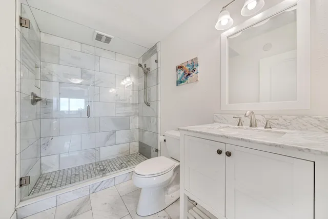 a bathroom with a granite countertop sink a toilet and shower