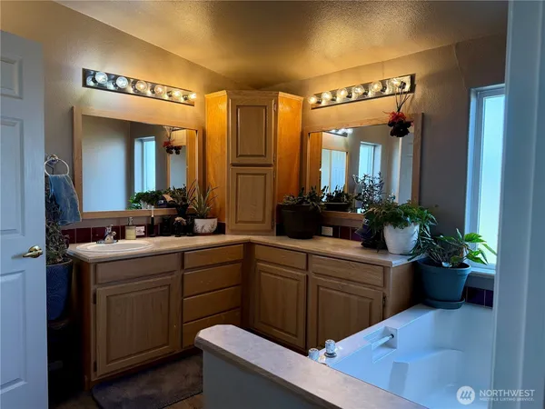 a spacious bathroom with a sink a large mirror and a potted plant