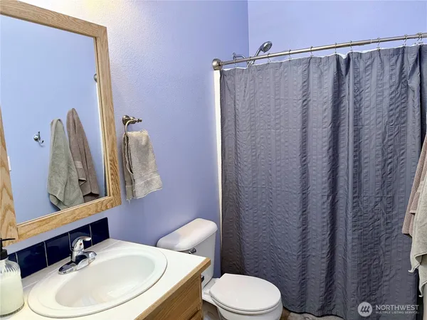 a bathroom with a sink a toilet a mirror and shower curtain