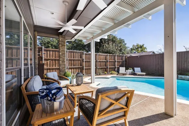 a view of swimming pool with outdoor seating and a patio