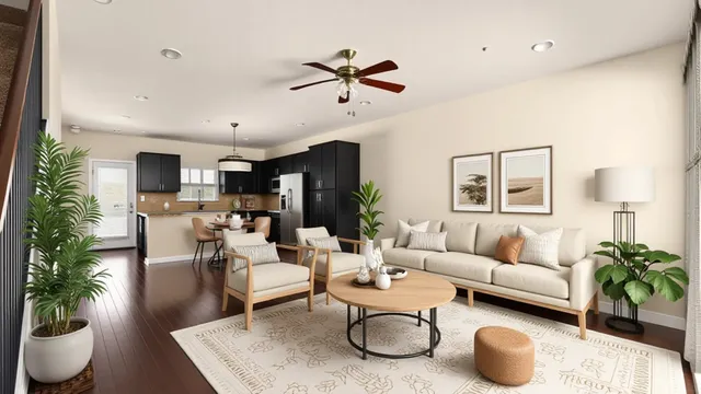 a living room with furniture potted plant and a window