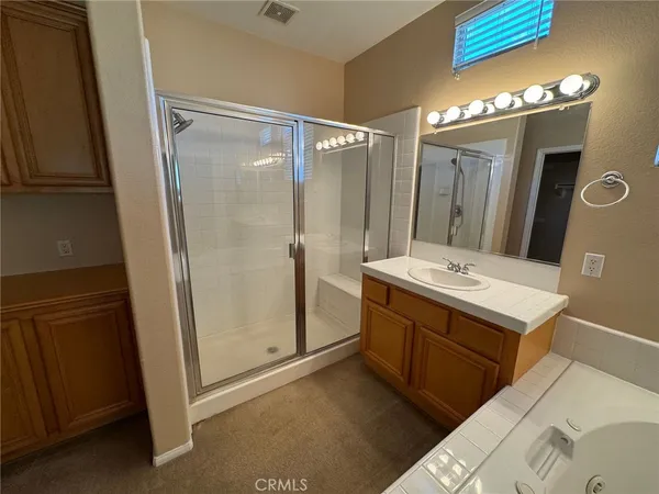 a bathroom with a sink mirror and a shower
