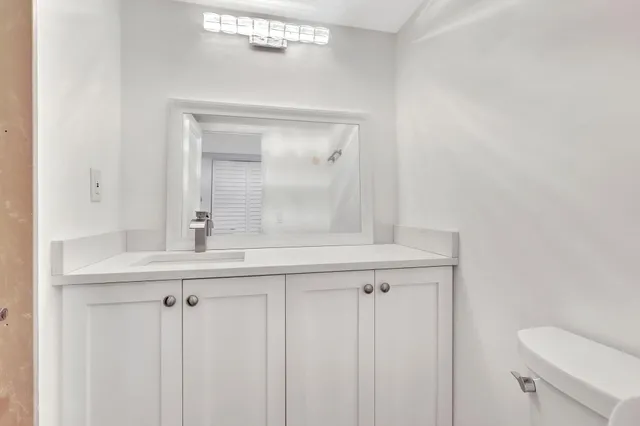 a bathroom with a sink a toilet and mirror