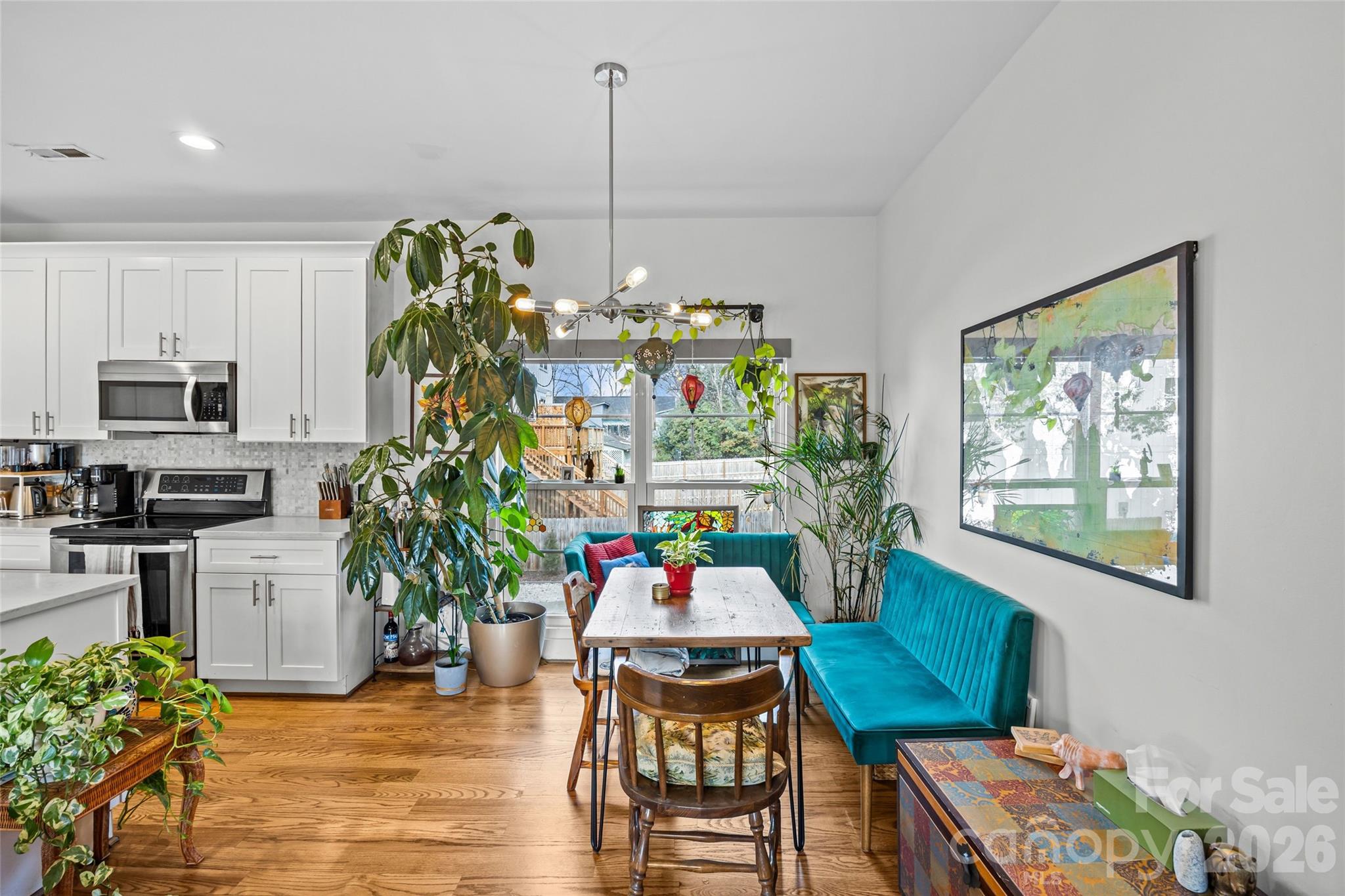 1108 North Alexander Street Charlotte, NC 28206 - Photo 17 of 37 a living room with furniture a dining table with wooden floor and potted plants
