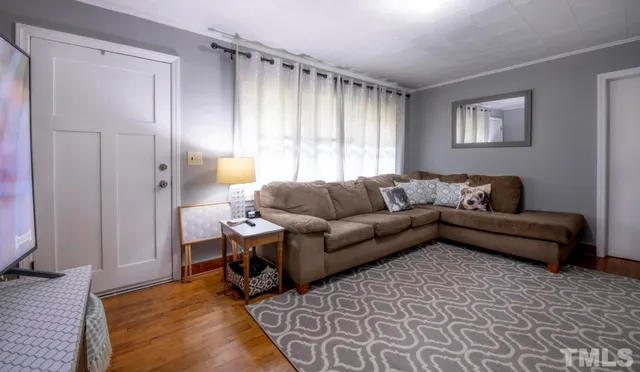 a living room with furniture and a rug