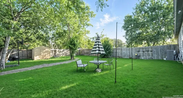 a view of a park with large trees