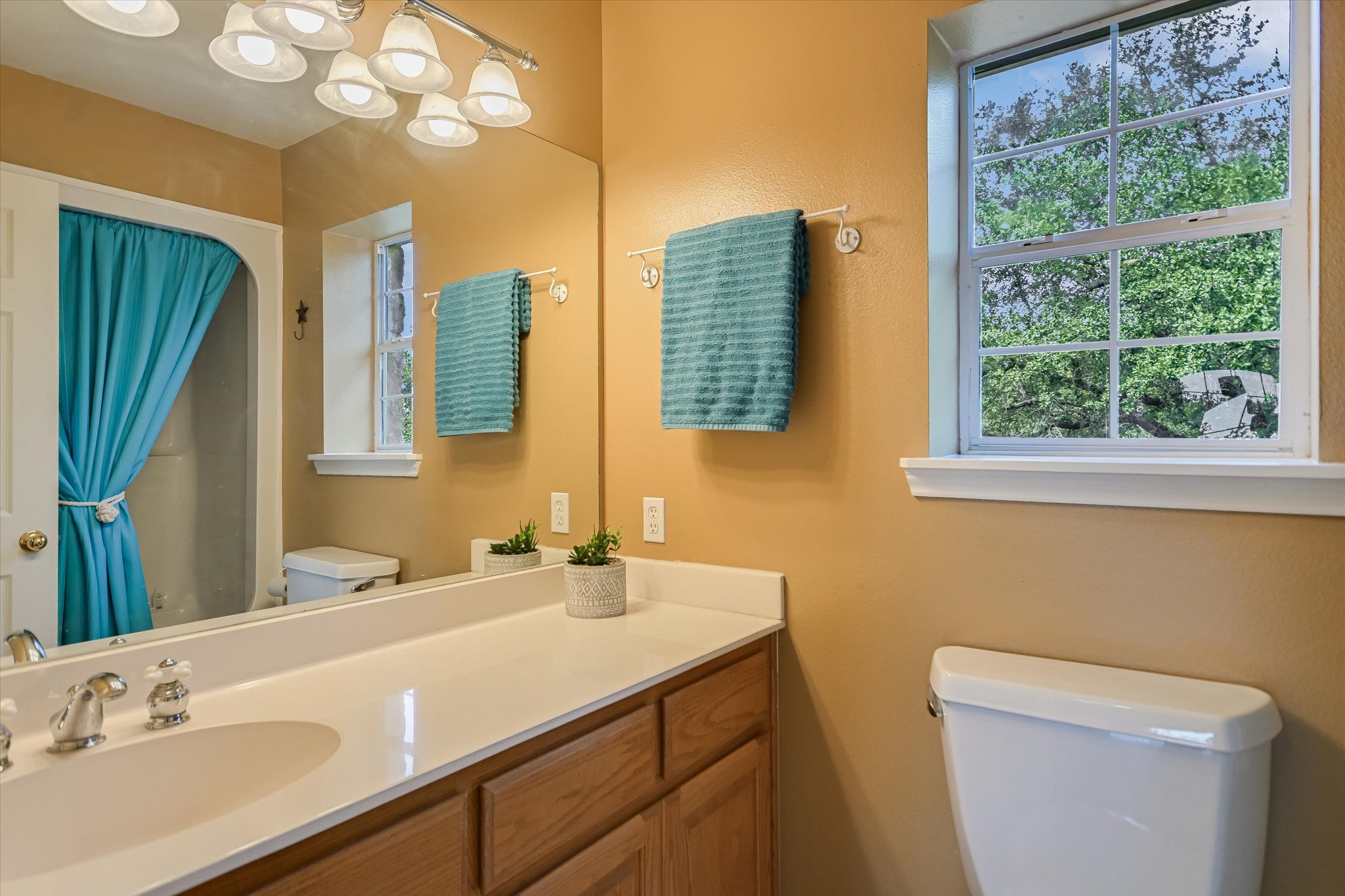 401 North Rainbow Ranch Road Wimberley, TX 78676 - Photo 23 of 39 Natural light streams through a classic multi-lite window into this warm-toned bathroom.