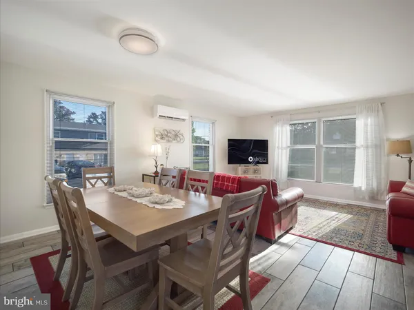 a view of a dining room with furniture window and outside view