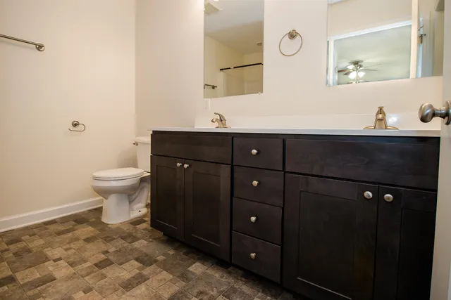 a bathroom with a sink vanity and a toilet
