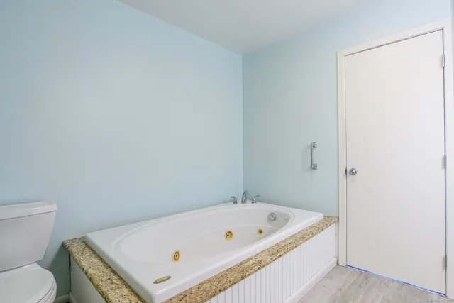 a bathroom with a bath tub and a toilet