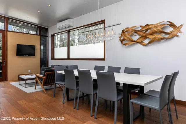 a view of a dining room with furniture