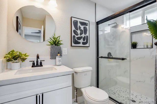 a bathroom with a sink a toilet a glass door a shower and a mirror