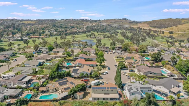 an aerial view of residential houses with outdoor space