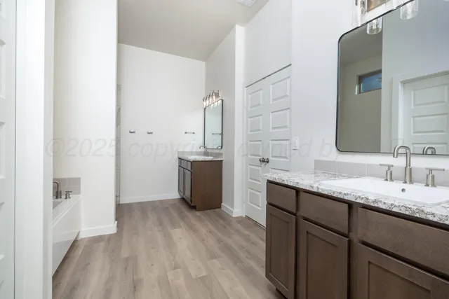 a bathroom with a sink a mirror and a shower