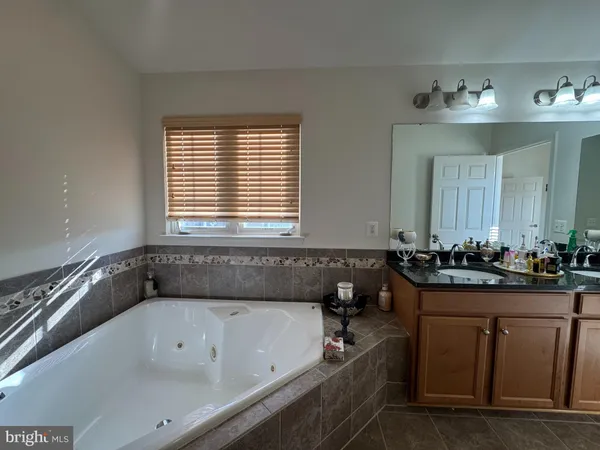 a bathroom with a sink double vanity granite and a mirror