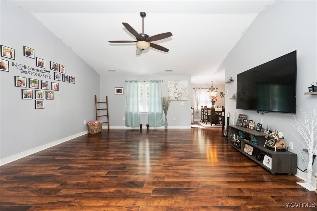 228 Pine Ridge Road Aylett, VA 23009 - Photo 5 of 25 Living room with ceiling fan, dark hardwood / wood