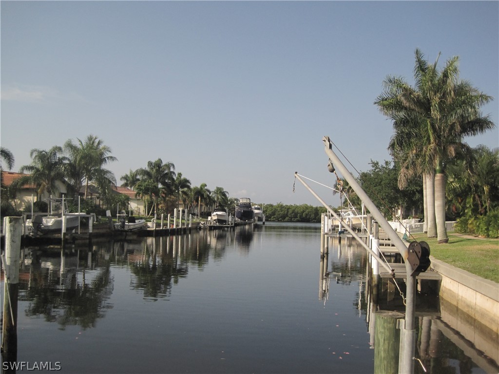 a view of a lake with boats and palm trees