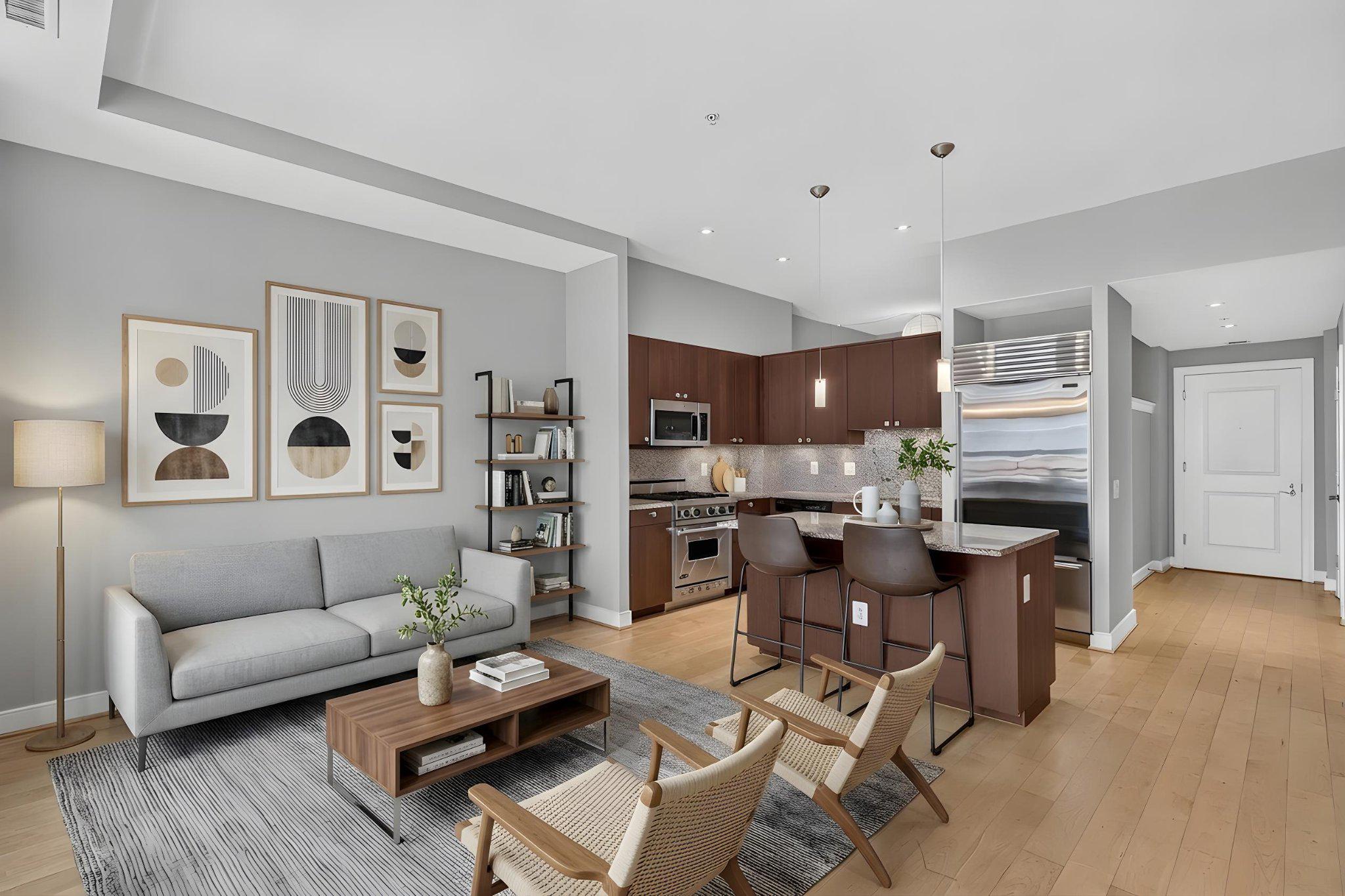 2425 L Street Northwest, Unit 421 Washington, DC 20037 - Photo 2 of 20 Living area and kitchen with virtual staging