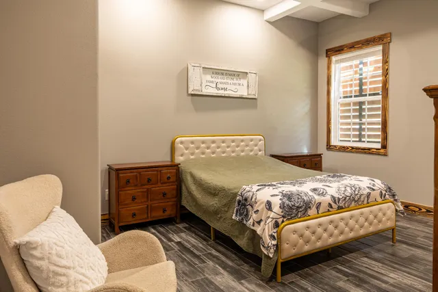 a view of a small space with a fan