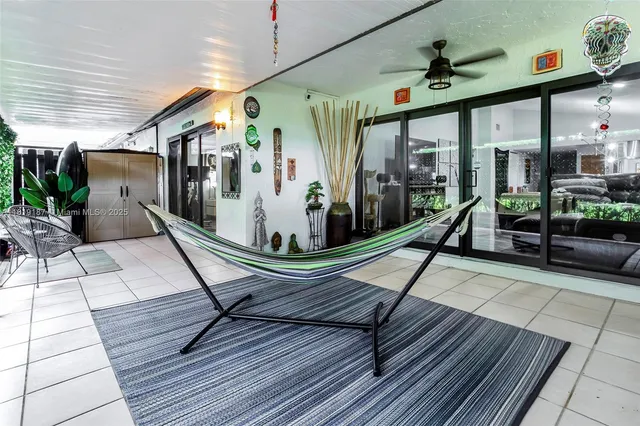 a building outdoor space with seating area