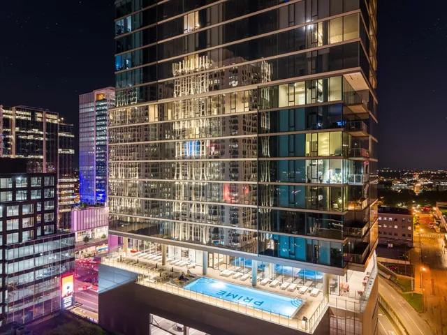 a city view with tall buildings