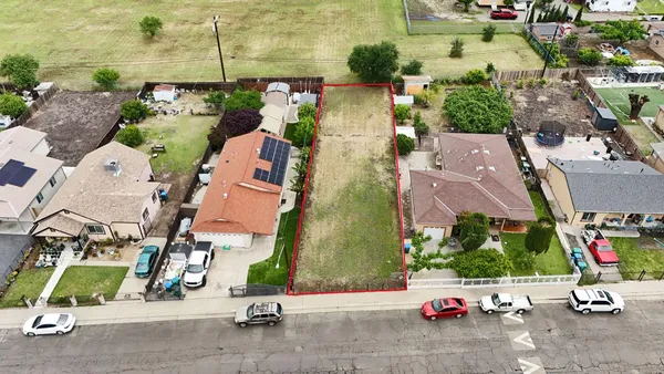 an aerial view of a and patio