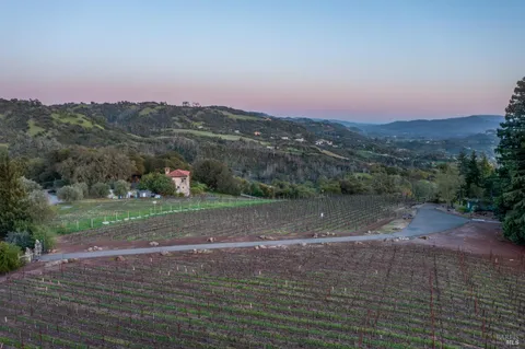 a view of a yard with mountains in the back