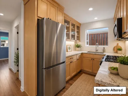 a kitchen with stainless steel appliances granite countertop a refrigerator stove and sink