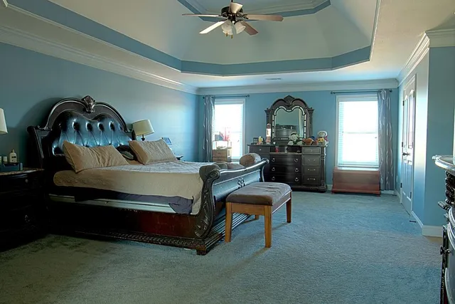 a bedroom with a bed and a ceiling fan