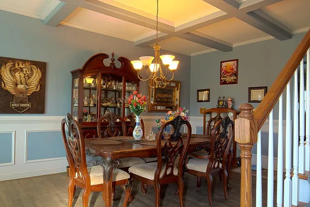 a view of a dining room with furniture