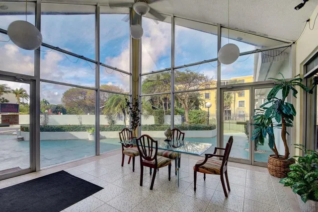 a view of a dining room with furniture window and outside view