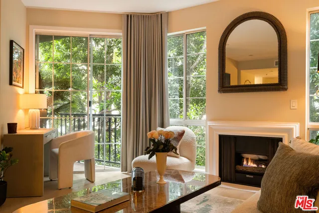a living room with furniture a fireplace and a floor to ceiling window