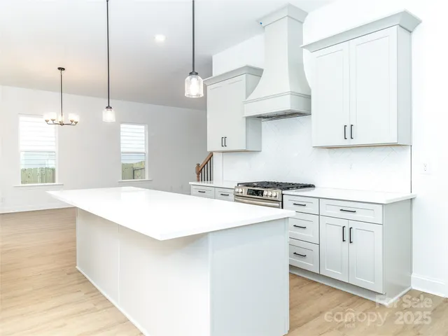 a kitchen with stainless steel appliances granite countertop a sink a stove a oven a counter space and cabinets