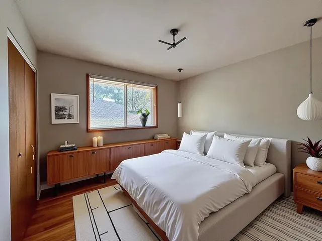 a bedroom with double bed and a window