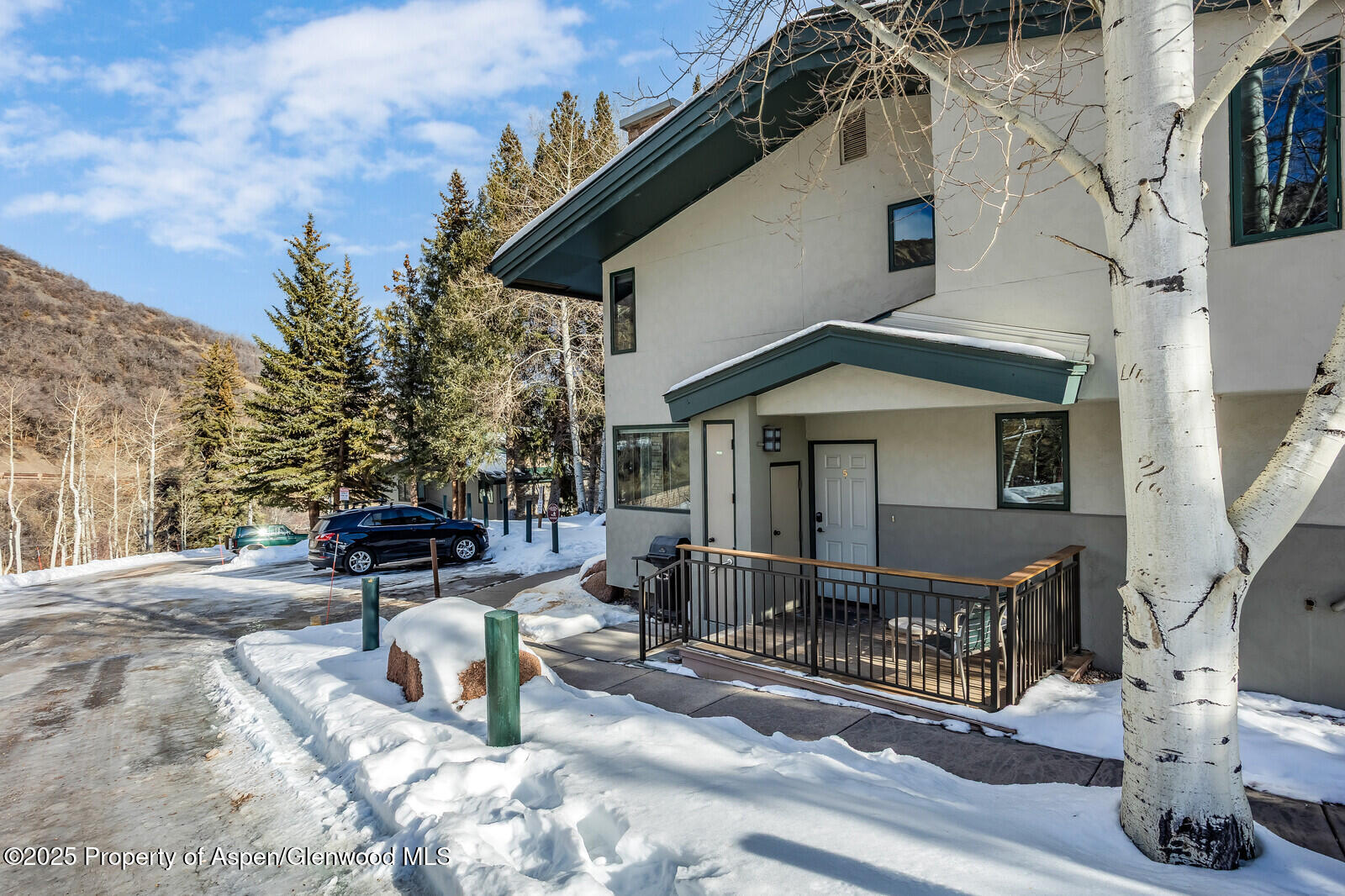 135 Carriage Way, Unit 5 Snowmass Village, CO 81615 - Photo 53 of 59 a view of a patio with table and chairs with wooden floor and fence