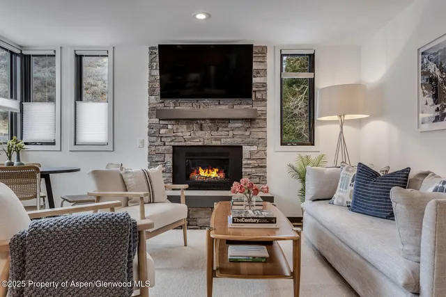 a living room with furniture a flat screen tv and a fireplace