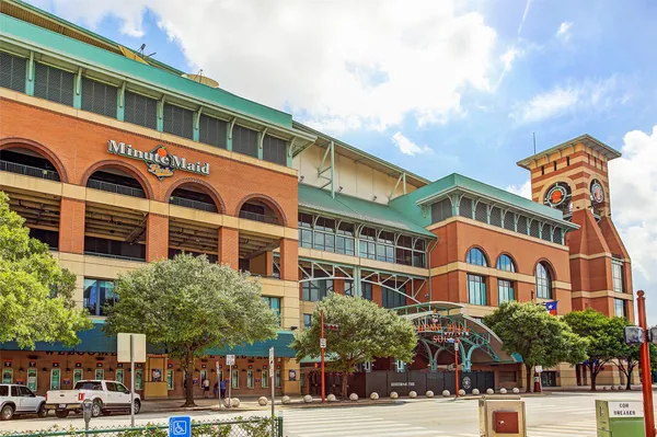 a front view of a building with street view