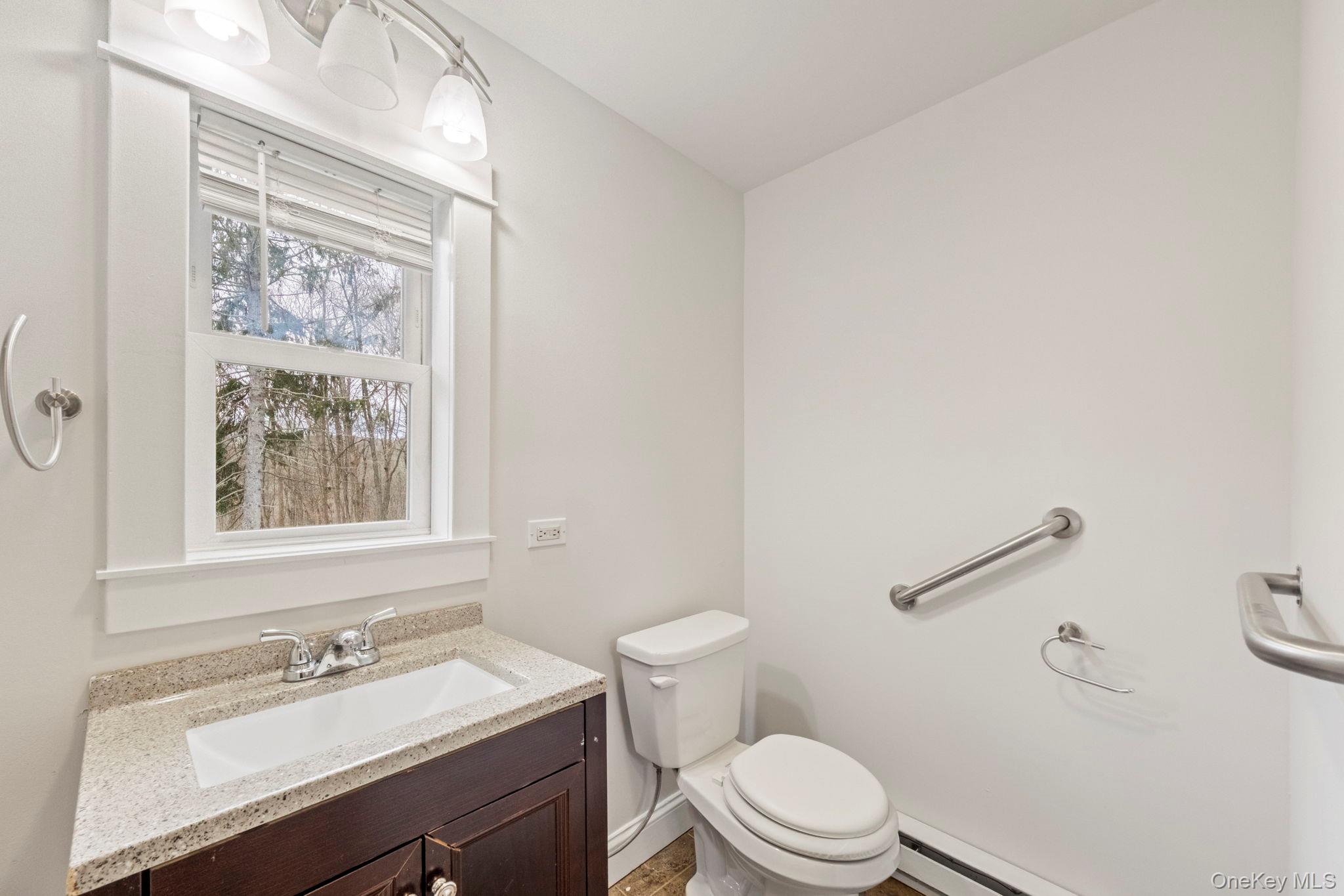 18 Lakeview Road Carmel, NY 10512 - Photo 18 of 44 a bathroom with a granite countertop toilet a sink a mirror and a window