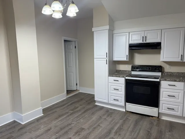 a kitchen with cabinets wooden floor and stainless steel appliances