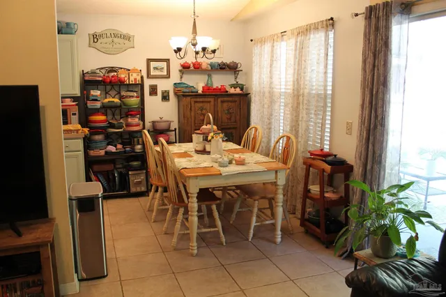 a view of a dining room with furniture and window