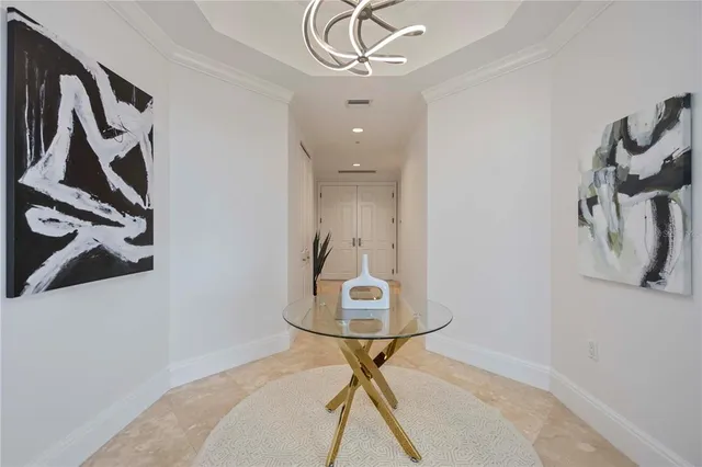 a view of a chandelier in a room