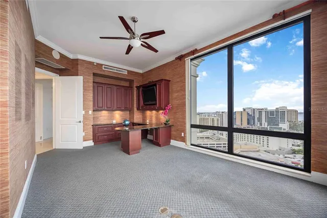 a view of a hallway with workspace