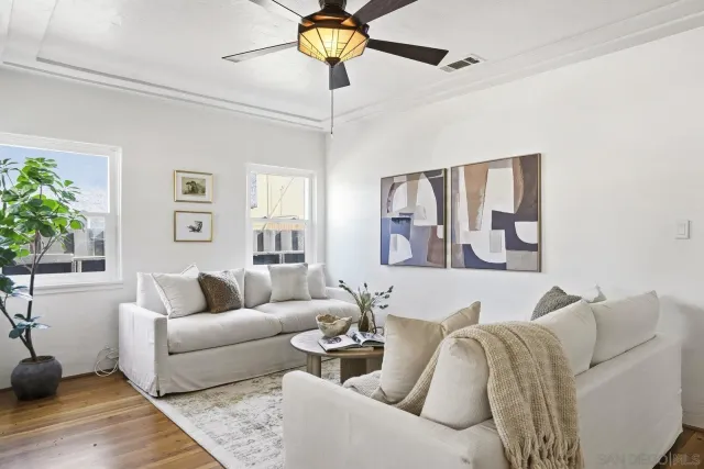 a living room with furniture and a potted plant
