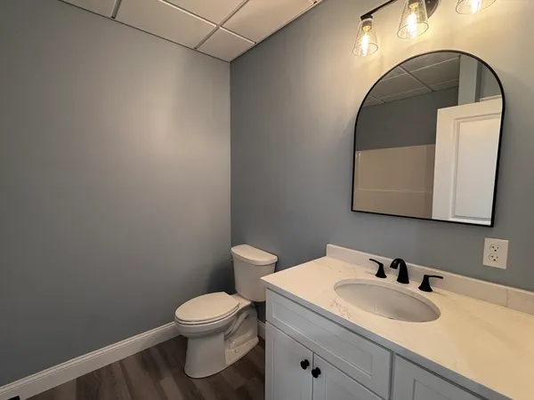 a bathroom with a toilet sink vanity and mirror