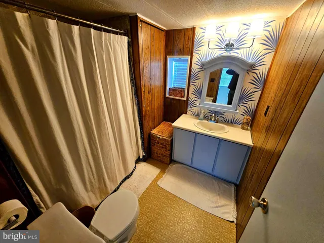 a bathroom with a toilet a sink a mirror and vanity