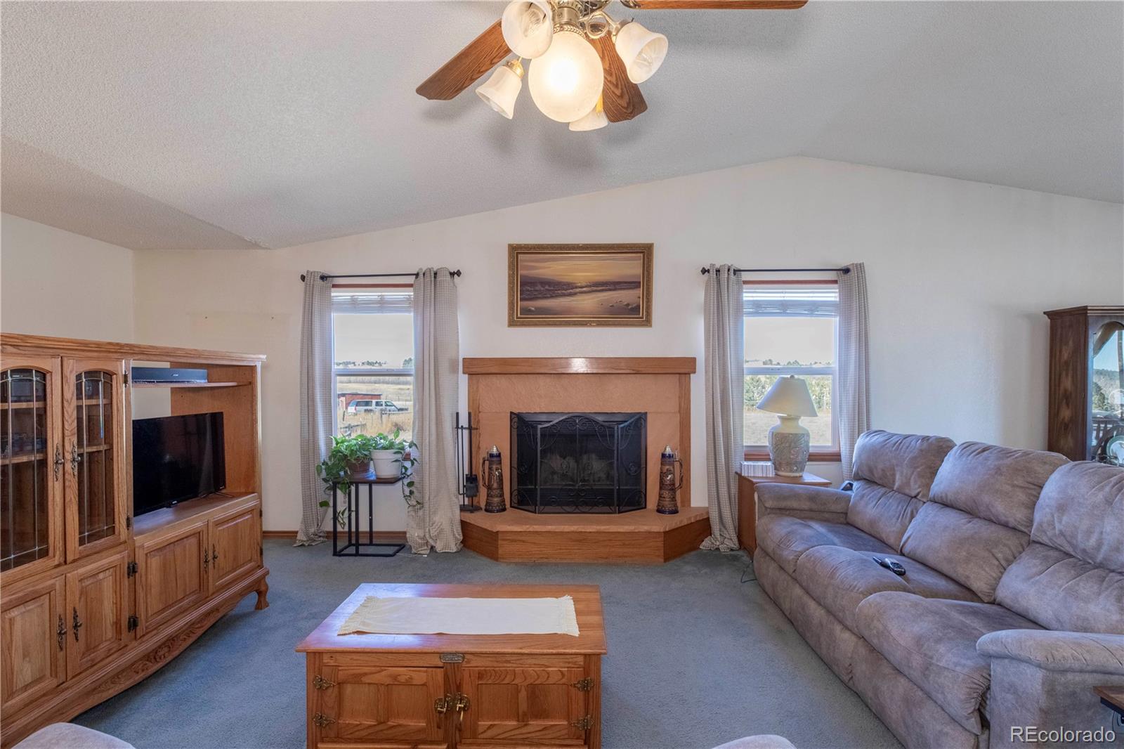 2141 Remington Road Elizabeth, CO 80107 - Photo 3 of 42 a living room with furniture a flat screen tv and a fireplace